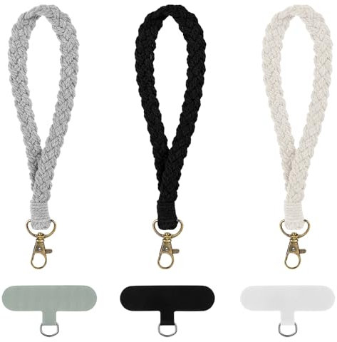 3 Pack Boho Macrame Lanyard for Phone Rope Lanyard Wrist Strap Handmade Macrame Mobile Phone Lanyard with Phone Tether Tab for Phone Case Women Girls (1 Black, 1 White, 1 Gray)