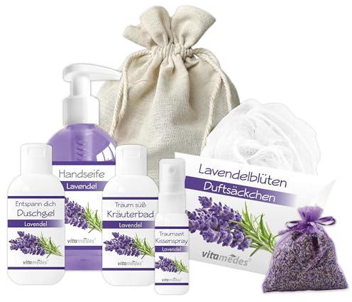 vitamedes Lavendel-Wellness-Set, 7-teilig, Duschgel, Kräuterbad, Handseife, Kissenspray und Duftsäckchen mit echtem Lavendelöl verpackt im schönen Leinensäckchen