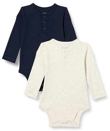 Amazon Essentials Body Henley a maniche lunghe Unisex - Bimbi 0-24, confezione da 2 , Avena Puntinato/Blu Marino, 24 mesi