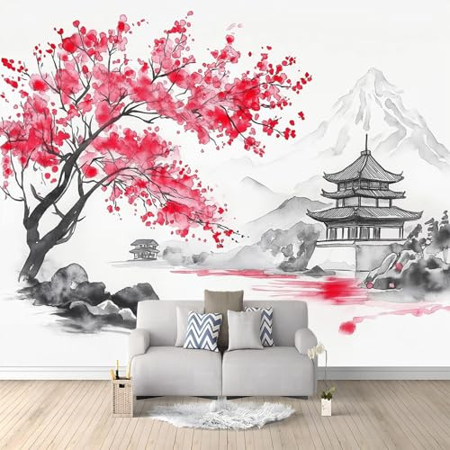Aquarell-Stil Fototapete Schlafzimmer Japanische Kirschblüten Tempel und Berge -Wanddeko, Wandbild, Wandtapete - Selbstklebend Wanddekoration - 350 x 256 cm Vlies Tapete Schlafzimmer TV-Hintergrund