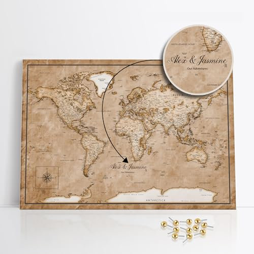 framed concept Carte du Monde Acoustique Personnalisée 60x40cm / 90x60cm / 120x80cm – Tableau Acoustique pour Voyageurs, Décoration Artisanale avec 50 Épingles Dorées – Idée Cadeau Unique