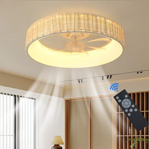 Rattan Ceiling Fan with Remote Control 6 Speed DC Motor 50CM Modern Retro Light Fixture Dimmable LED Reversible for Bedroom & Living Room Silent Operation