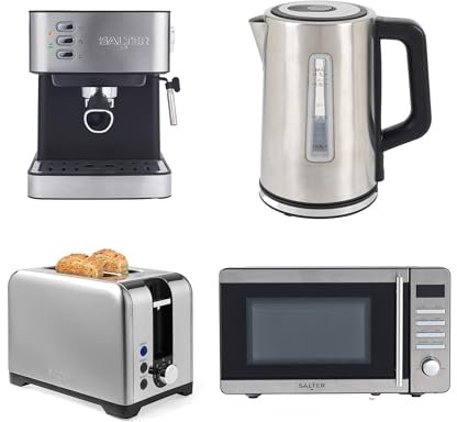 Salter 4-Piece Stainless Steel Breakfast Countertop Set – 1.7L Kettle & 2-Slice Toaster, 20L Digital Microwave with 60 Minute Timer, Manual Espresso Machine with Milk Frother, Silver