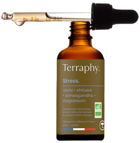 TERRAPHY - Cure Stress 30 jours Champignons Adaptogènes - Reishi, Shiitaké, Ashwagandha & Magnésium - Réduit Stress, Tensions et Fatigue Mentale - Formule Liquide Bio Ultra Efficace - Made in France
