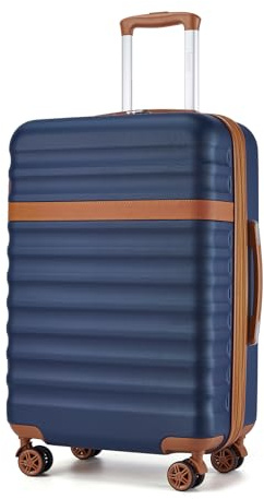 Kono Maleta Mediana 24 Expandible ABS+PC - Equipaje de Viaje con Ruedas Silenciosas 360°, Cremalleras YKK, Tira Ajustable, Ligera y Resistente a Impactos(Azul Marino/Marrón)