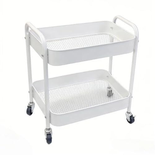 Ufriandz Under Desk Storage Cart 2 Tier Utility Rolling Cart with Wheels, Small Metal Mobile Trolley with Handle Two Tiered Utility Organizer Roller for Kitchen Office Bathroom Pantry Room, White