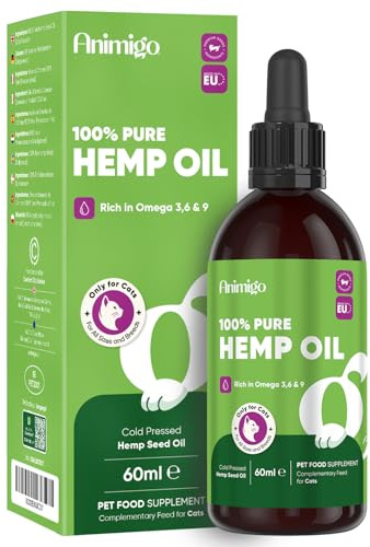 Ren hampolja för katter – 60 ml kallpressad hampfröolja med omega-3, 6 och 9 – Utan tillsatser – Hampfröolja för husdjur – För alla storlekar och raser – Animigo