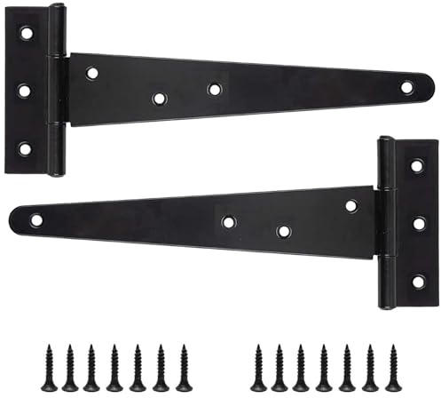 2 Pack Tee Hinges 8 Inch (200mm), Heavy Duty T Strap Door Hinges with Mounting Screws, Metal T-Hinge with Rustproof Coating, Black T Hinge for Gate,Wooden Shed Doors, Cabinets & External Gates