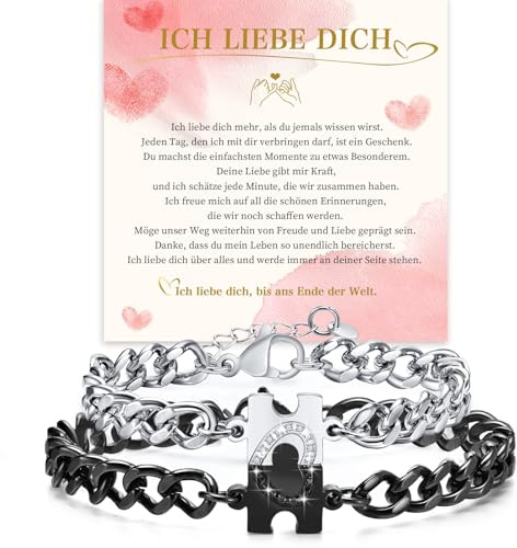 FLHEART Partner Armband Pärchen Geschenke für Paar - Edelstahl Verstellbar Puzzle Panzerkette Partnerarmbänder für Paare Sie Ihn, Liebesarmband Paar Armbänder Geschenke für Valentinstag Geburtstag