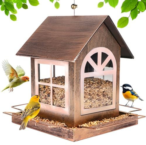 SWAWIS Vogelfutterhaus Vogelhaus zum Aufhängen Metall 14,5 x 18,5 x 23 cm | Vogelfutterstation Wetterfest Vogelfutterspender Futterstation Vögel Futterspender Bronze