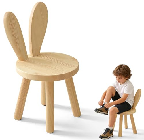 Zinueen Kinderstuhl Holz ab 1 Jahr, Kleiner Stuhl mit Hasenohren-Rückenlehne, rutschfeste Gummifüße & 70kg Belastbarkeit, Kinderhocker Holz für Kindertische (45cm) – Geschenke für Kinder