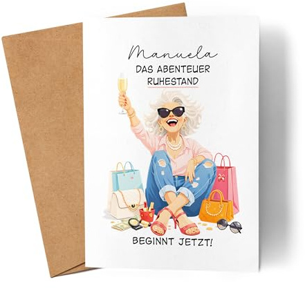Kiddle-Design Personalisierte Karte zum Ruhestand mit Name für Frauen, Abschiedskarte zum Renteneintritt - Abenteuer Rente - Abschiedsgeschenk Kollegin Rentnerin Lustig - Faltkarte