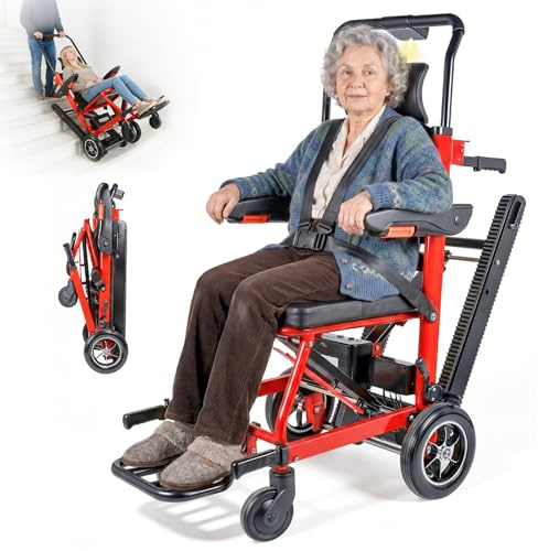 Elektrischer Treppensteiger Rollstuhl Faltbar mit Gummikette, 200KG Elektrischer Treppenlift Stuhl, Rollstuhl Faltbar Treppen Mobilitätshilfe mit LED, Medizinische Rettungstrage für Senioren (Rot)