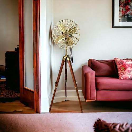 Brass Antique Pedestal Floor Fan on Adjustable Black Wooden Tripod - Vintage Inspired Retro Style Reproduction For Home Decor