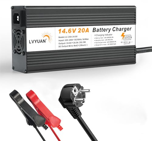 Yinleader Caricabatterie LiFePO4 12V 20A, 14.6V 20A Caricatore Intelligente Automatico per Batterie al Litio Fosfato di Ferro, Ricarica 0V, Protezione Multipla, per Auto Moto