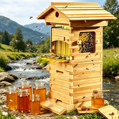 ORIDLECTAL Bienenbeute komplett Set: Honiggewinnung ohne Schleudern. Lebensmittelecht, 4 Rähmchen, 6 Honigwaben-Einsätze, Holz. Für Imker, Hausgarten & Erwachsene – ideal als Bee Hive
