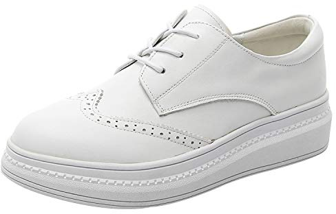 rismart Women's Casual Leather Brogue Wedge Shoes Comfortable Platform Oxford SN02406(White,6 UK)