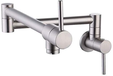 Robinet de remplissage de casserole de cuisine en laiton sans plomb à double joint pivotant robinet d'évier pliable support mural articulé à deux poignées (nickel brossé)