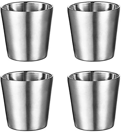UPTALY 4 tazas de acero inoxidable (pequeñas de plata tipo A), tazas de camping irrompibles (180 ml/por), taza de café pequeña con doble pared, tazas de chupito, tazas de café espesadas