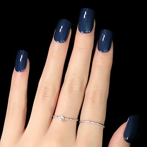 Navy Blue Fake Nails Medium Square Glossy Squoval Dark Solid Color Clear Acrylic Full Cover Faux Ongles 24 pcs/kit