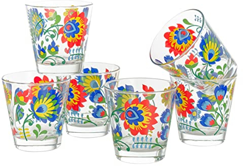 Baroni Home Juego de 6 vasos de agua con decoración colorida estampada, vasos de cristal de colores fabricados en Italia, vasos lavables en lavavajillas, 25 cl, fantasía flores de colores