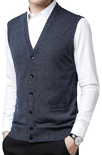 Harbrosrce Gilet Maglia a Cavo da Uomo Misto Lana Cardigan con Scollo a V con Bottone Senza Maniche Panciotto Pullover Maglieria con Tasche