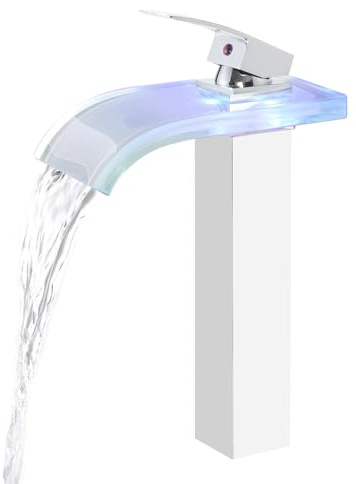 Joitsvia LED Bathroom Sink Faucet with 3 Colors Changing, Waterfall Spout Tall Bathroom Vessel Sink Brass One Hole Single Handle Modern Commercial Chrome