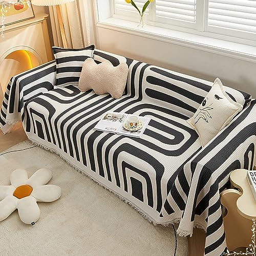KnSam Home Sofaüberwurf, Waffle mit Streifen Sofaüberwurf mit Muster, Anti-Rutsch Sofaüberwurf Katzen Baumwolle Leinen für Hunde Haustierfreundliche (180x150CM, Schwarz)