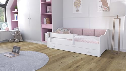 KOBI Weißes Eryk-Kinderbett | 160x80 | Polsterplatten | Schublade, Matratze, Geländer | Für das Kinderzimmer | Für EIN Mädchen | Für einen Jungen (Rosa Paneele)