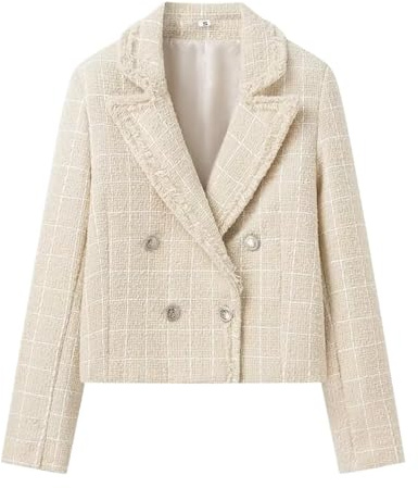 Zunlethian Chaqueta de Tweed para mujer 2024 primavera y otoño de transición a la moda de solapa elegante chaqueta Blazer de oficina Casual Vintage Chaqueta corta (Beige,M)