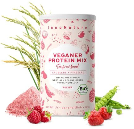 InnoNature Fragola biologica + lampone Protein Mix I con 8 fonti di proteine vegetali e polvere di bacche di alta qualità I 450 g | Vegano e senza dolcificanti artificiali