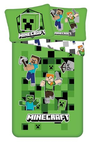 Minecraft Juego de ropa de cama infantil de 135 x 200 cm, reversible, funda de almohada de 70 x 90 cm y funda nórdica de 140 x 200 cm, microfibra estándar Ökotex
