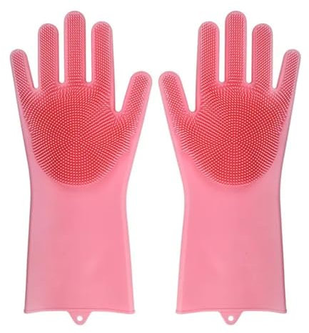 Jingyingtt Dishwashing Cleaning Gloves Magic Silicone Rubber Dish Washing Gloves for Household Sponge Scrubber Kitchen Cleaning Tools(Pink)