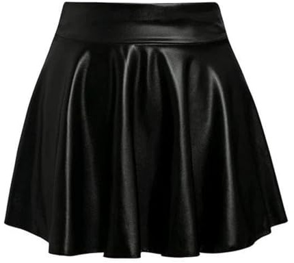 Damen Glänzend Metallischer Faltenrock Kurz Teenager Mädchen Elastische Ausgestellte Lederrock A-Linie Skater Minirock Shiny Metallic Plisseerock Wet Look Rock Rave Tanz Rock Party Club (Black, M)