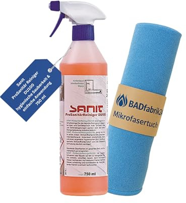 BADfabrik24 Sanit ProSanitär Reiniger DU100 750 ml Flasche mit Mikrofasertuch 40x40 cm Sanitärreiniger gegen Kalk Urinstein Seifenreste für Bad WC und feuchtigkeitsbelastete Bereiche