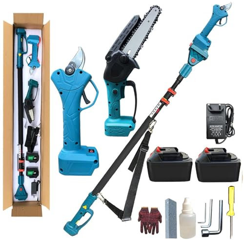 Motosierra eléctrica 4 en 1, mini motosierra inalámbrica de 8 pulgadas con pértiga de extensión de 125-220 cm y 2 baterías, podadora de ramas y ramas.