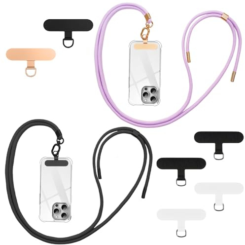 flintronic Cordón Correa para Teléfono Móvil Ajustable Universal, Correa Cruzada para el Cuello y Muñeca, Compatible la Mayoría de Las Fundas de Teléfono, con Llavero y Parche-Negro/Rosa