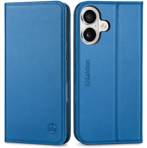 SHIELDON Rindsleder Hülle für iPhone 17 6,3 5G 2025, Saphirblau | Schutzhülle, Klappbar Case, Kartenschlitz, Ständer, RFID-Blocker, Handy-Ösen, Magnetische Handyhülle, Handytasche
