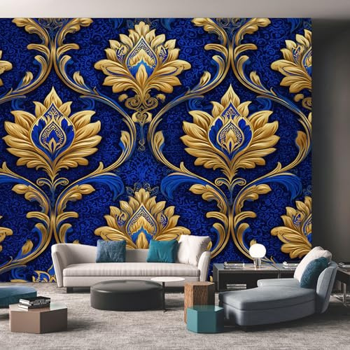 Genérico Papel Pintado Barroco 250X175cm, Papel Pintado Pared Dorado Vintage Azul Marino Salon, Dormitorio, Oficina, Decorativos D6