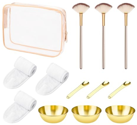 13 Pieces Esthetician Supplies Set, Cosmetic Fan Brush for Facial with Headband, Mixing Bowls, Makeup Spatula & Clear Zippered Cosmetic Bag, Skincare Applicator Tool (Gold, White, and Pink)