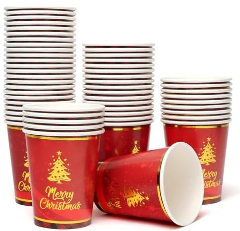 PARTY GO 60 Stück Pappbecher WeihnachtsRot 9oz Party Tischdeko mit Weihnachtsbaum und Merry Christmas Muster,für die Tischdekoration zu Weihnachten