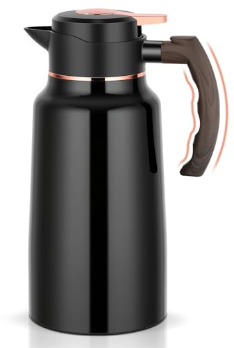 Thermoskanne, 2 Liter Doppelwandige Isolierkanne, Kaffeekanne mit Holzoptik Griff, 24 h heiß / 24 h kalt, zerlegbarer Deckel, absolut dicht, Teekanne für Kaffee, Milch, Tee, Wasser