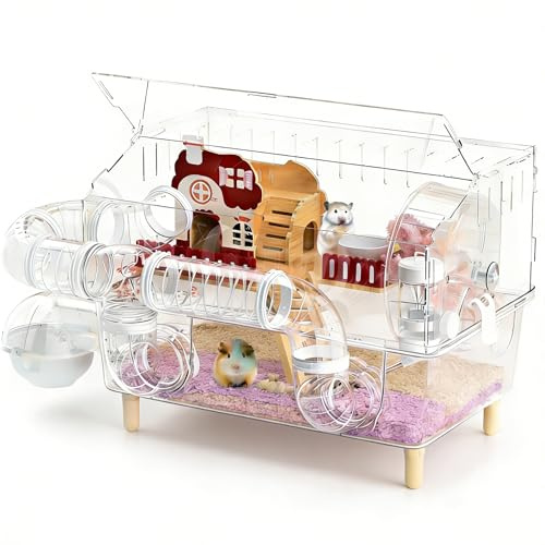Acrylic Hamster Cage,8 in 1 Gerbil Cage with 360° Panoramic View,Top Open Mouse Cage with Tubes for Pet Mice,Dwarf Hamster,Gerbils (17.7x13x11.8)