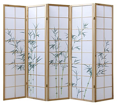 Homestyle4u Paravent Raumteiler mit Bambusmotiv (5 teilig) | Shoji-Stil Spanische Wand, Reispapier, 175 x 220 cm, blickdicht, schnell aufzustellen