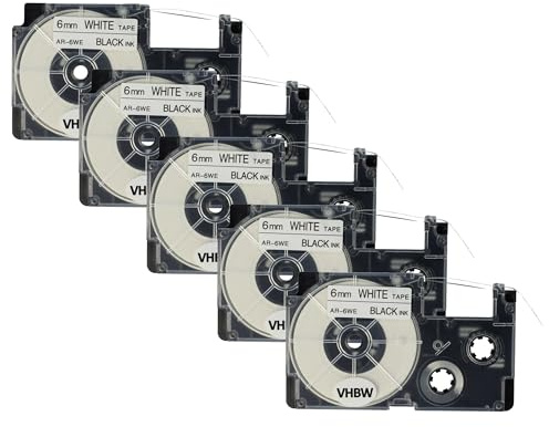vhbw 5x Schriftband-Kassette kompatibel mit Casio KL-C500 | KL-8200, KL-P1000, KL-HD1, KL-G2 Etiketten-Drucker 8m x 6mm Schwarz auf Weiß