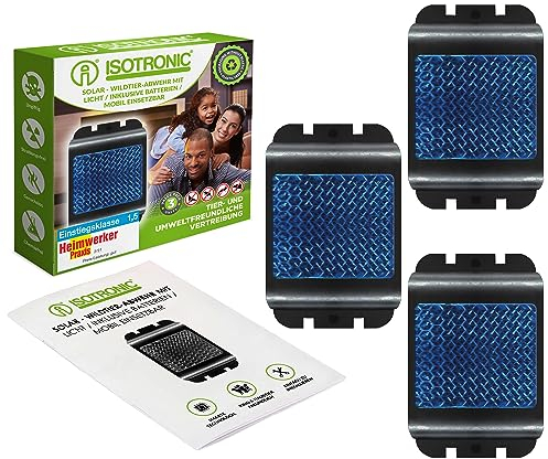 ISOTRONIC Wildschweinabwehr Wolfsvergrämer Waschbär-Schreck | Tiervertreiber blaues LED-Licht gegen Waschbär Wilde Tiere Rehe Wildschwein Fuchs 3 x 40m²