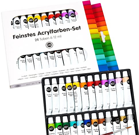 perfect ideaz • Acrylfarbe, 24 Farben à 12 ml, Farben für Kinder, waschbar, für Leinwand, Papier etc., ungiftig