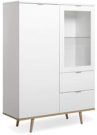Newfurn Highboard Weiß Vitrine Wohnzimmer skandinavisch Kommode Elia | Glastür mit Vitrinenfach, konische Holzbeine, Sideboard mit Schubladen und Türen, für Flur und Schlafzimmer