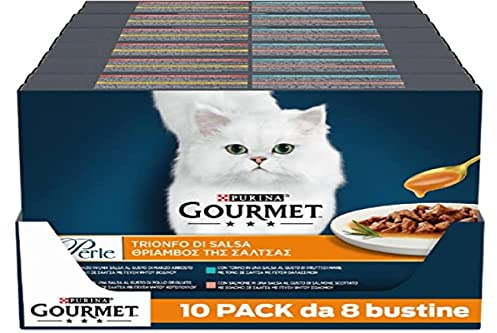 GOURMET Perle Cibo Umido per Gatti Adulti Bocconcini in Salsa con Manzo, Pollo, Tonno e Salmone - 80 Bustine da 85 g