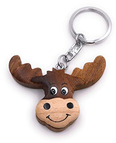 Onwomania Porte-clés en bois pendentif tête de cerf orignal avec tête d'orignal et bois de renne